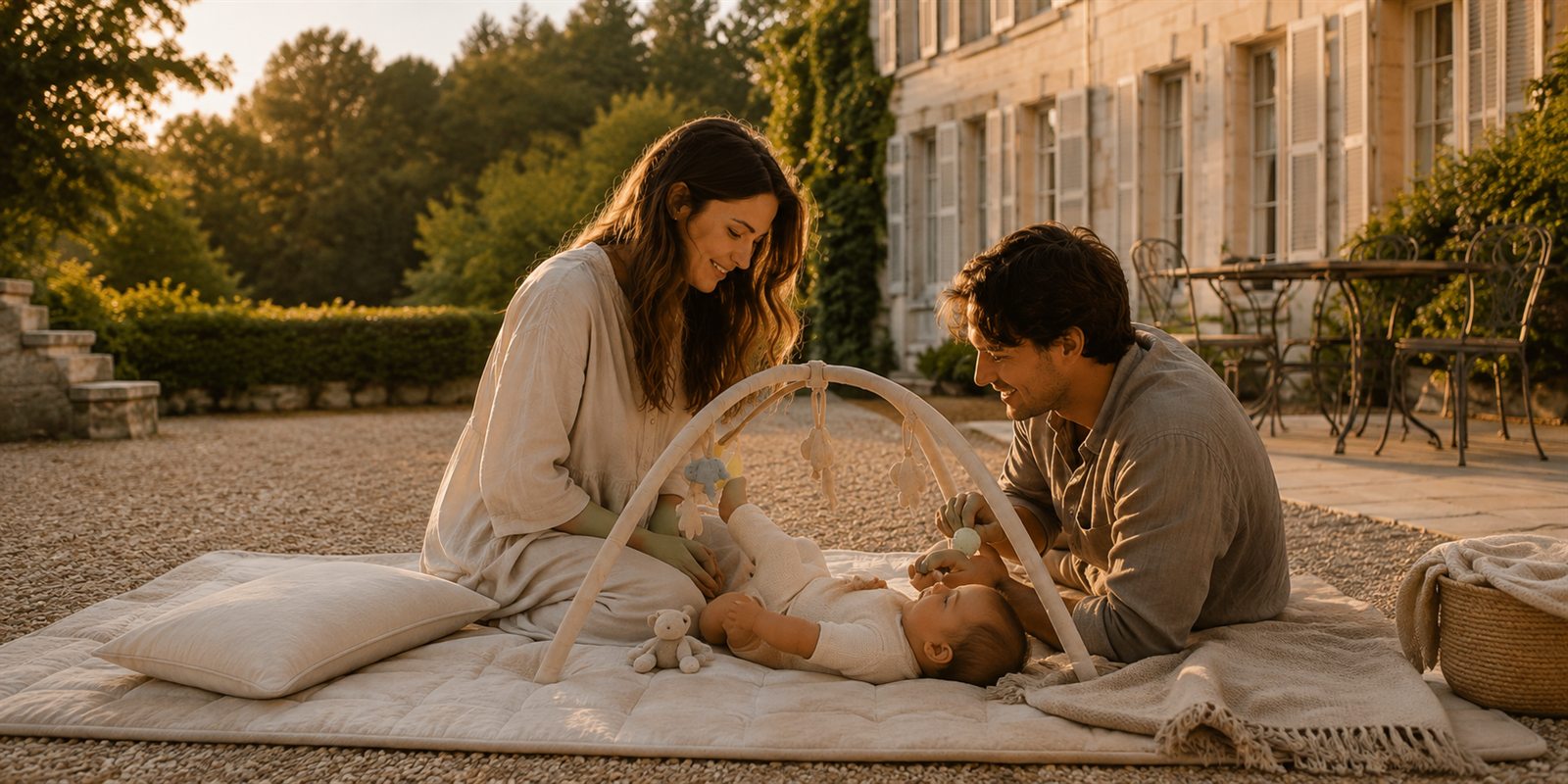 Des parents avec leur bébé dans le jardin d’une maison de campagne