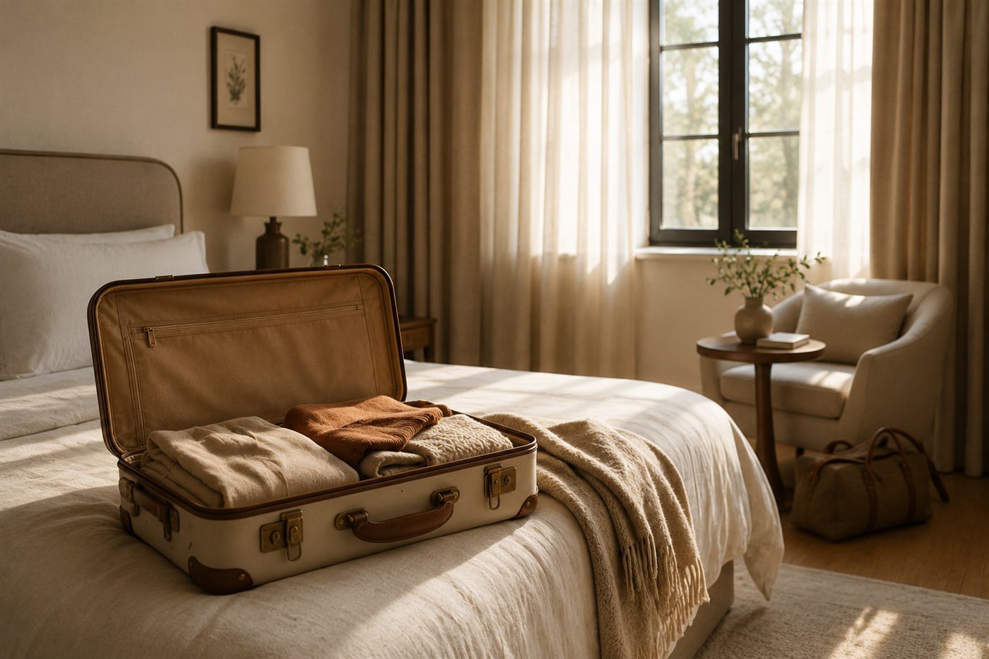 Une valise ouverte dans une chambre chaleureuse