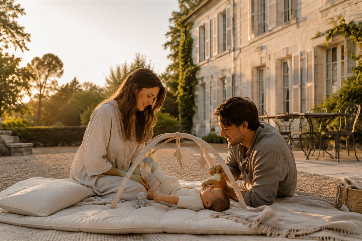 Une famille avec un bébé dans le jardin