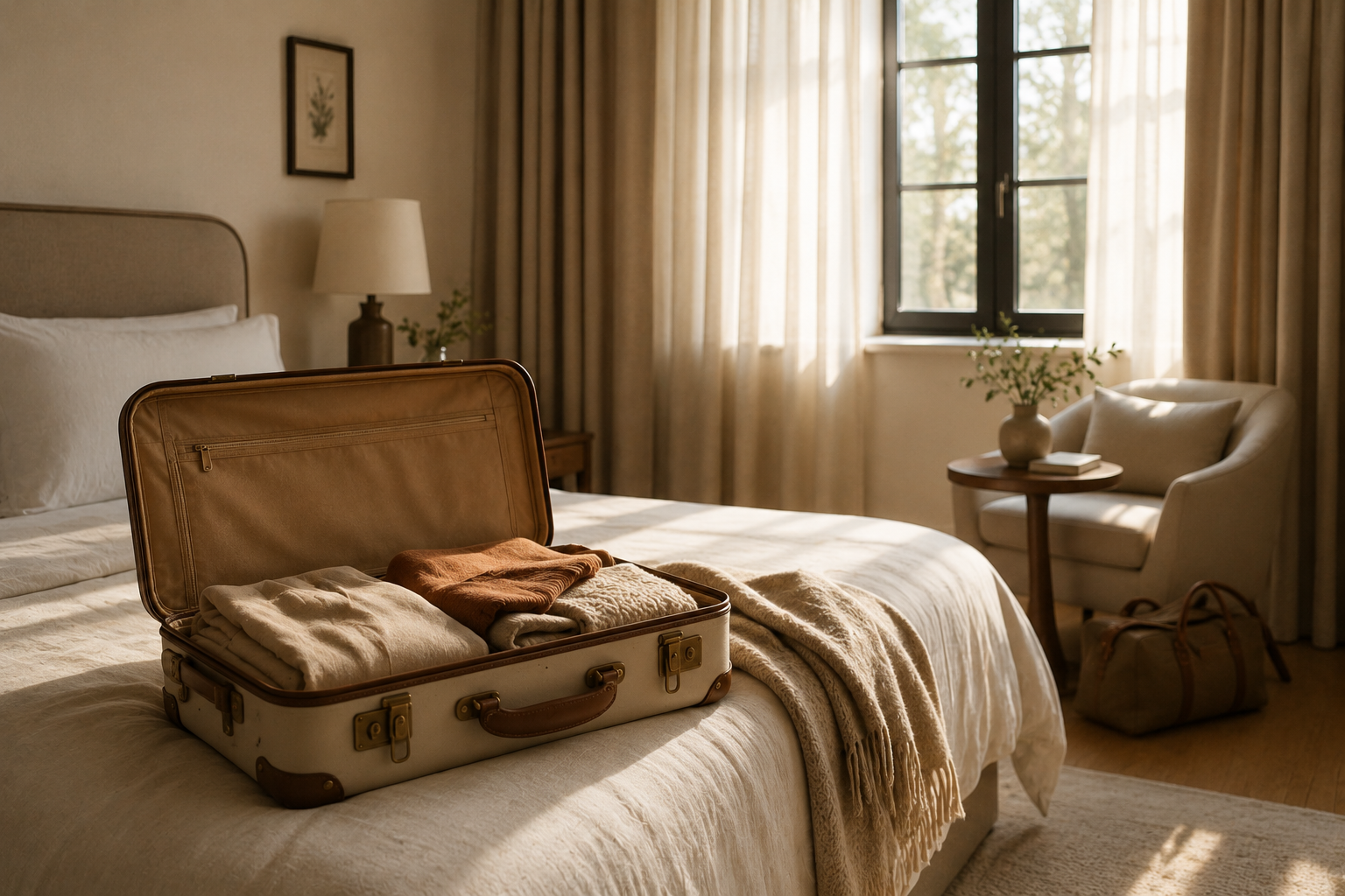 Une valise ouverte dans une chambre chaleureuse