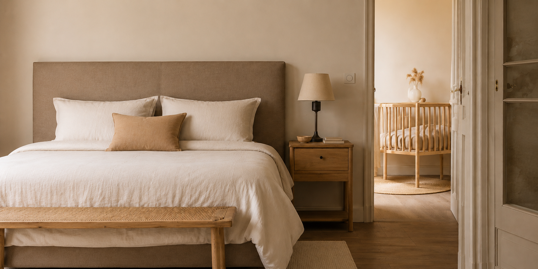 Une chambre lumineuse avec un lit et un berceau