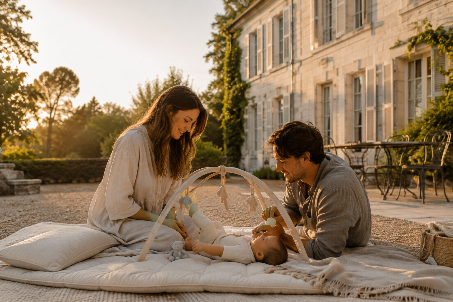 Une famille avec un bébé dans le jardin