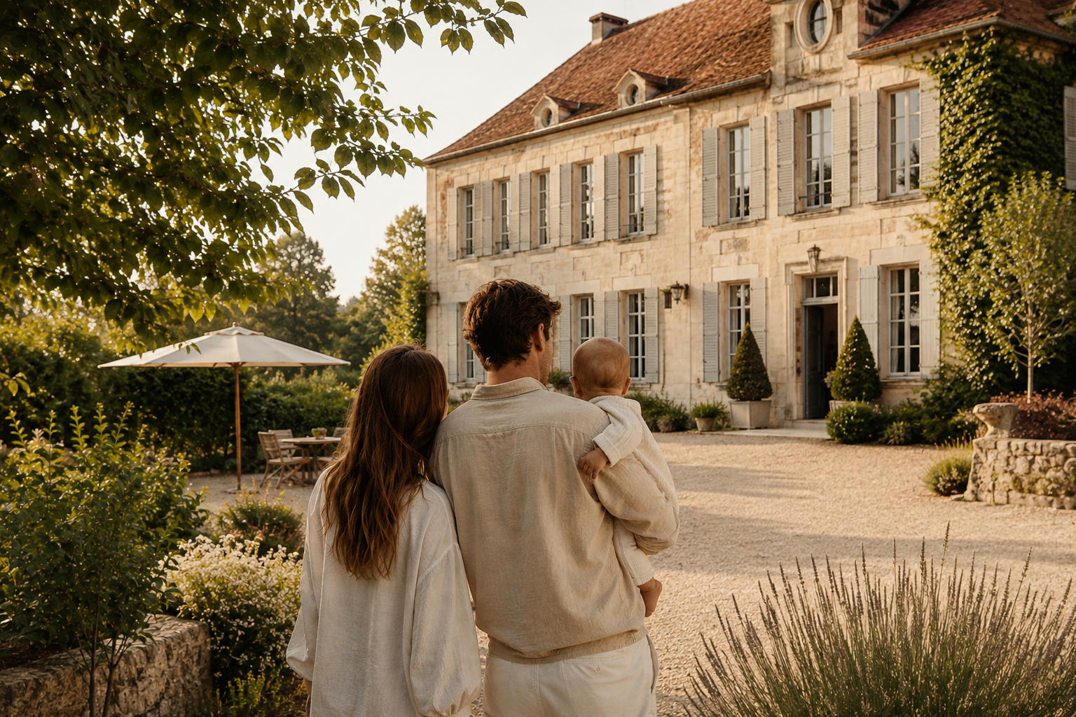 Une famille de dos devant une maison de campagne